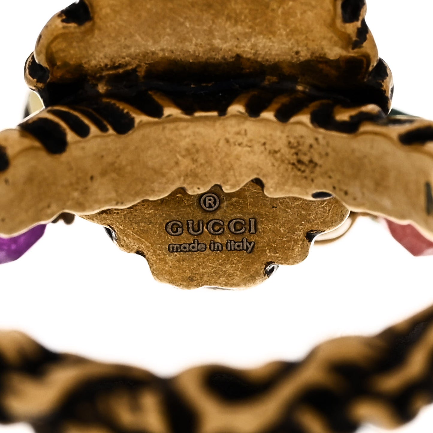 Metal Glass Bead Lion Head GG Ring M Aged Gold Multicolor