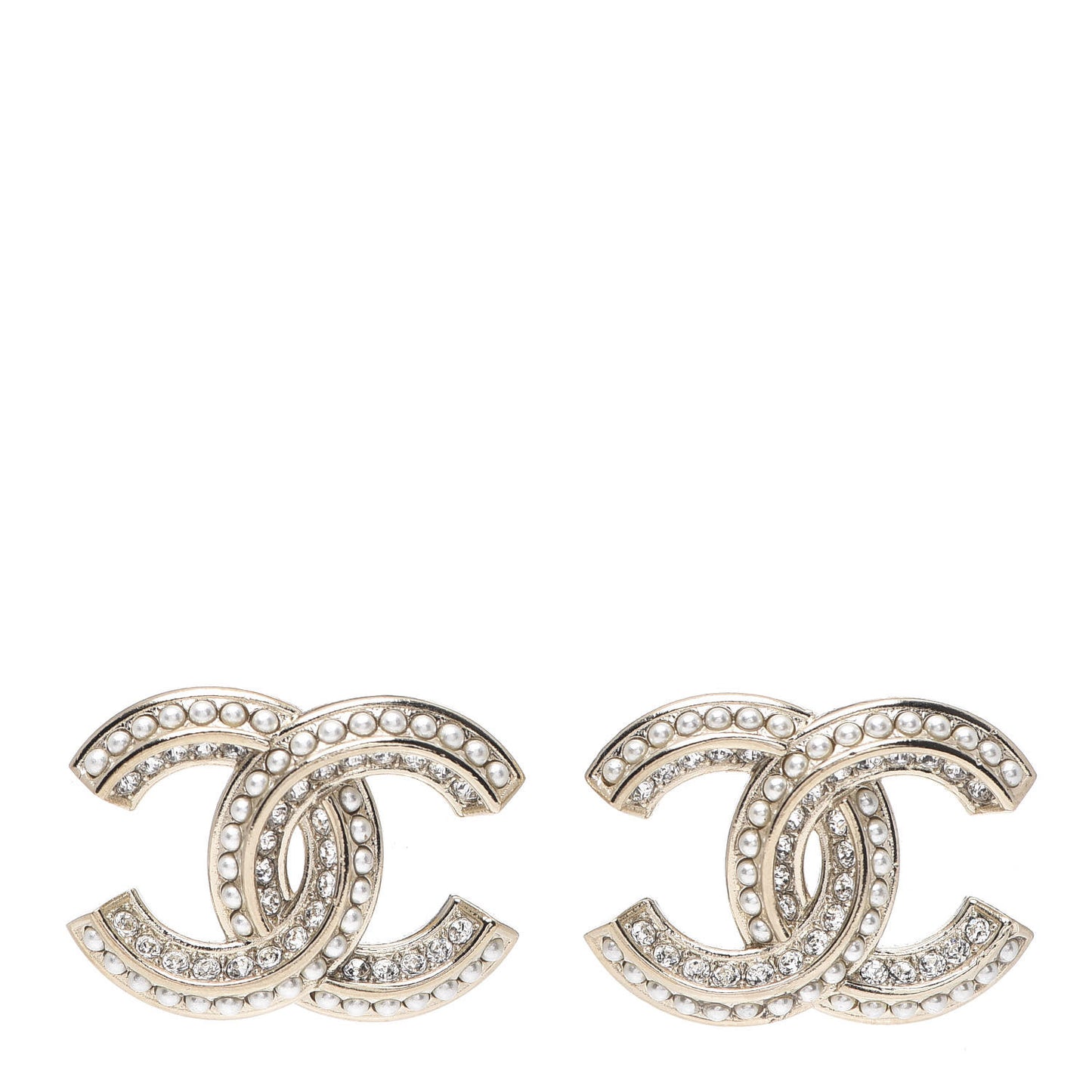Crystal Pearl Chain Mania CC Earrings Gold