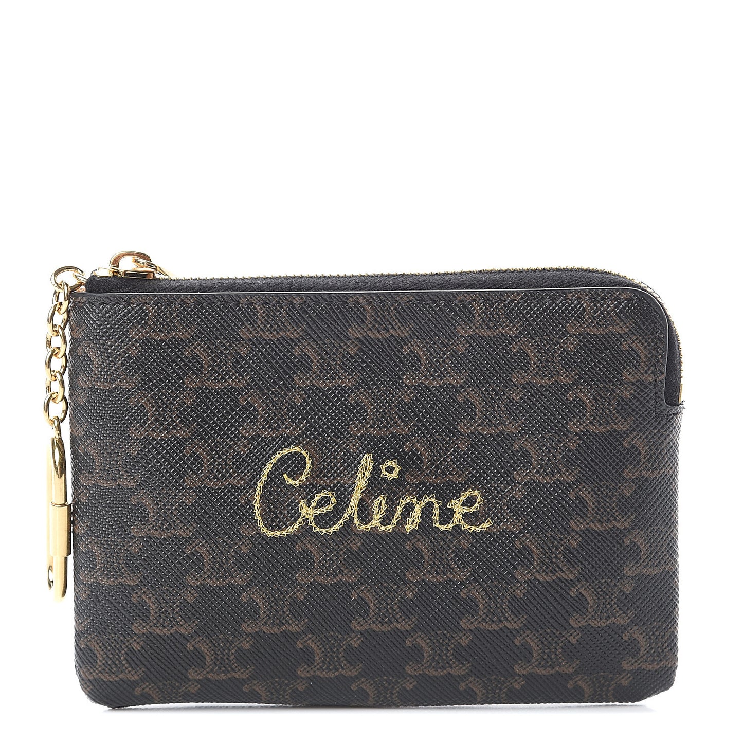 Triomphe Canvas Embroidered Logo Coin and Card Pouch With Hook Black