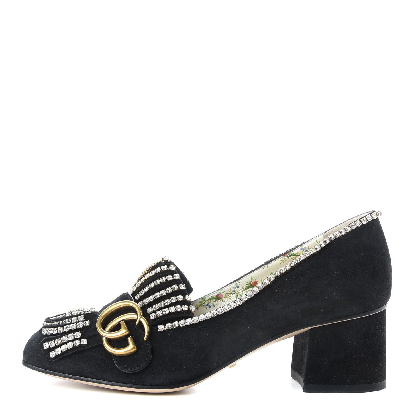 Kid Scamosciato Crystal GG Marmont Fringe 50mm Loafer Pumps 38 Black