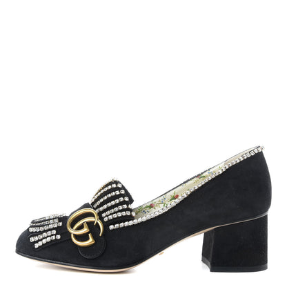 Gucci Kid Scamosciato Crystal GG Marmont Fringe 50mm Loafer Pumps 38 Black 1 of 10