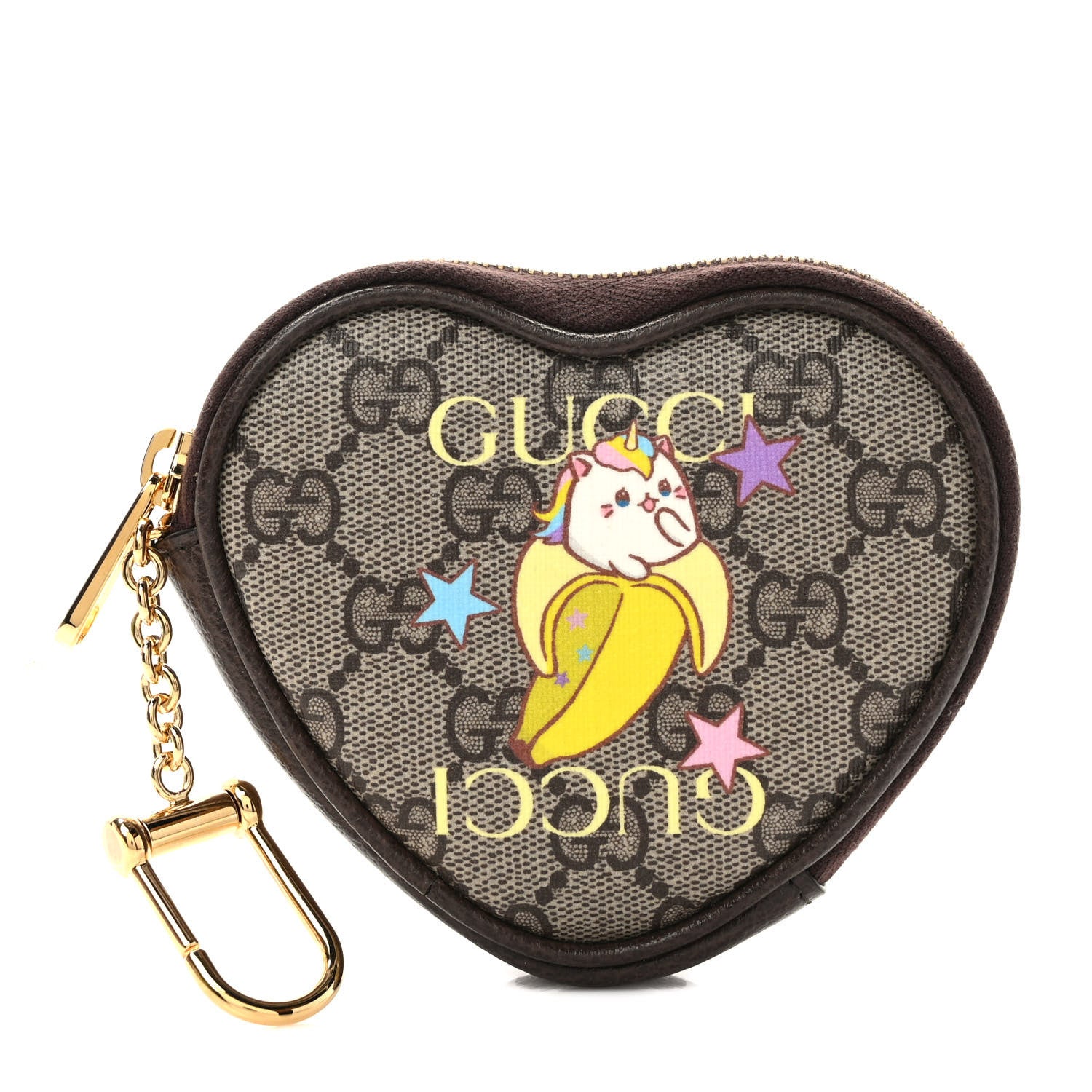 Gucci X BNF GG Supreme Monogram Textured Dollar Calfskin Bananya Print Heart Coin Purse Beige Ebony Multicolor New Acero 1 of 8