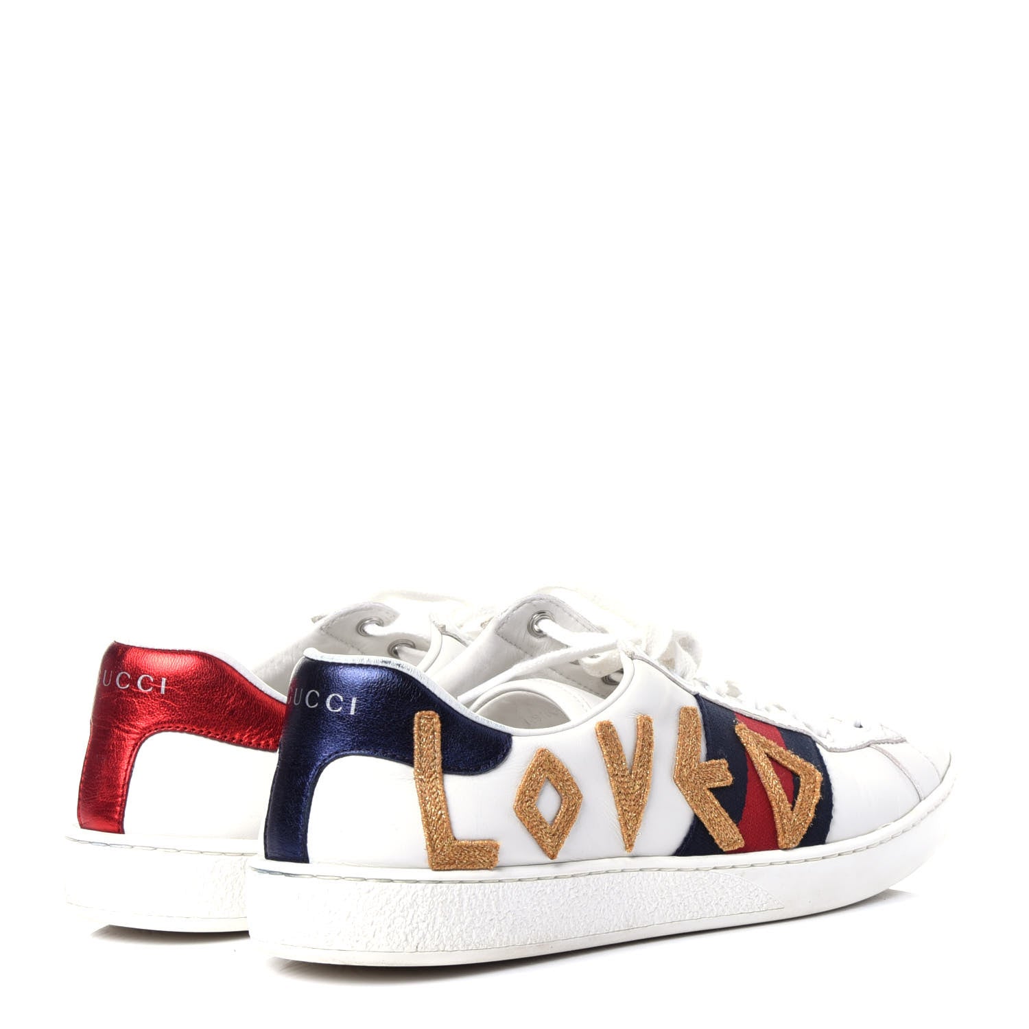 Gucci Calfskin Nappa Web LOVED Embroidered Womens Ace Sneakers 38 White Red Flame Notte 4 of 13