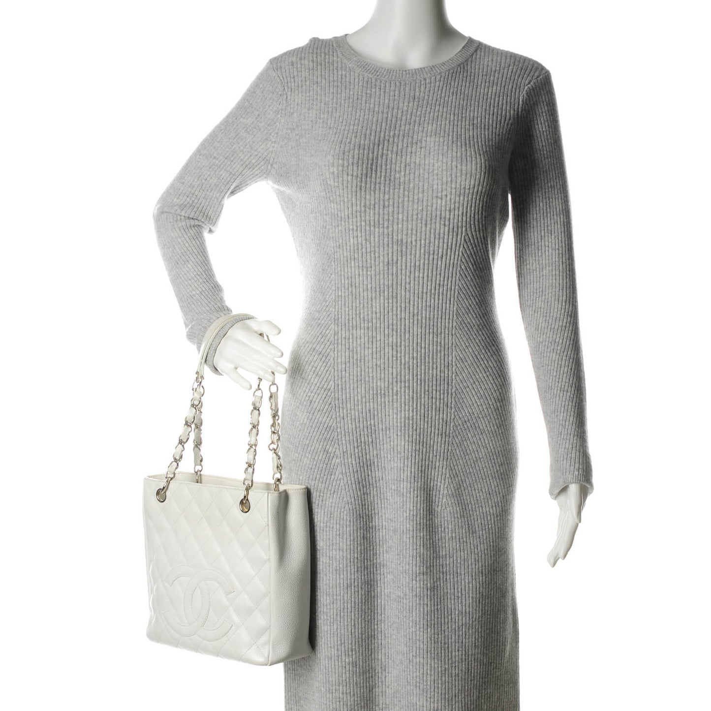 Caviar Quilted Petit Shopping Tote PST White