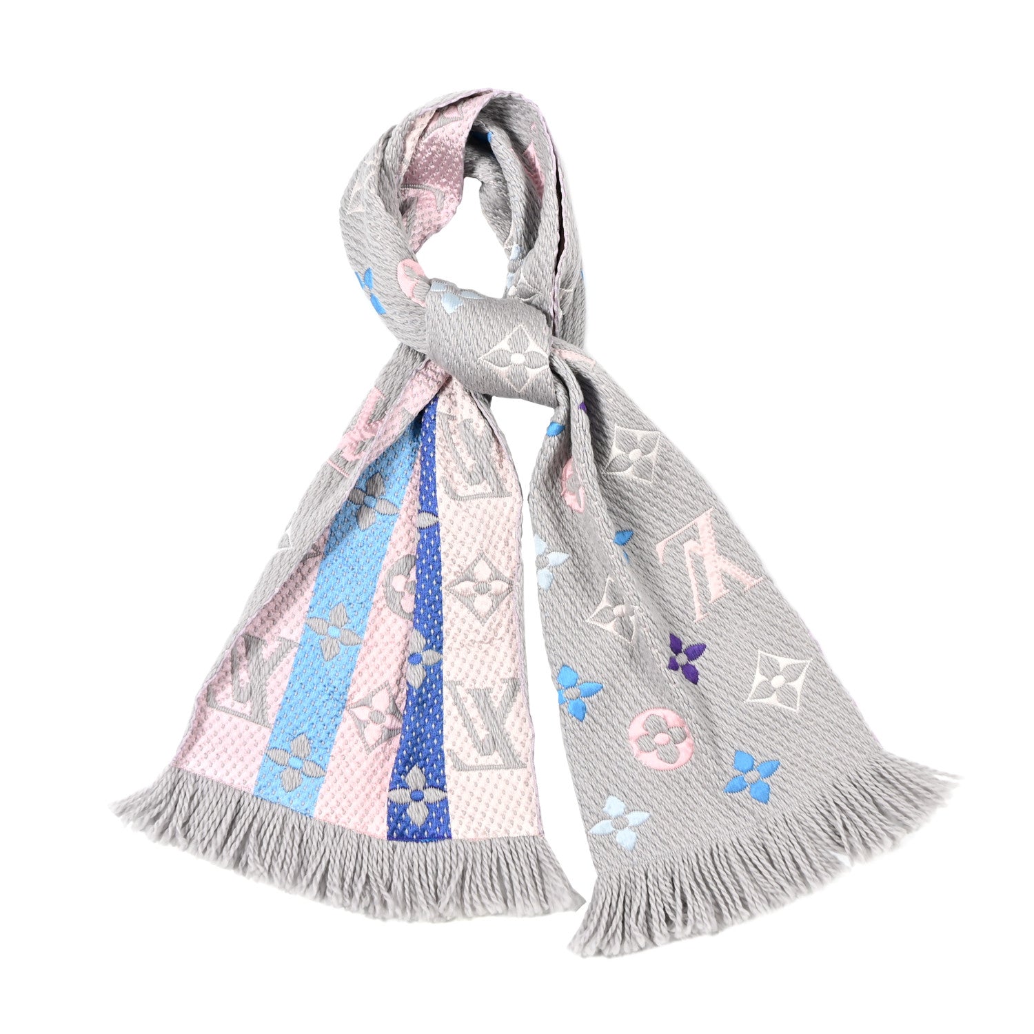 Louis Vuitton Wool Silk Logomania Shine Scarf Grey Multicolor 1 of 7