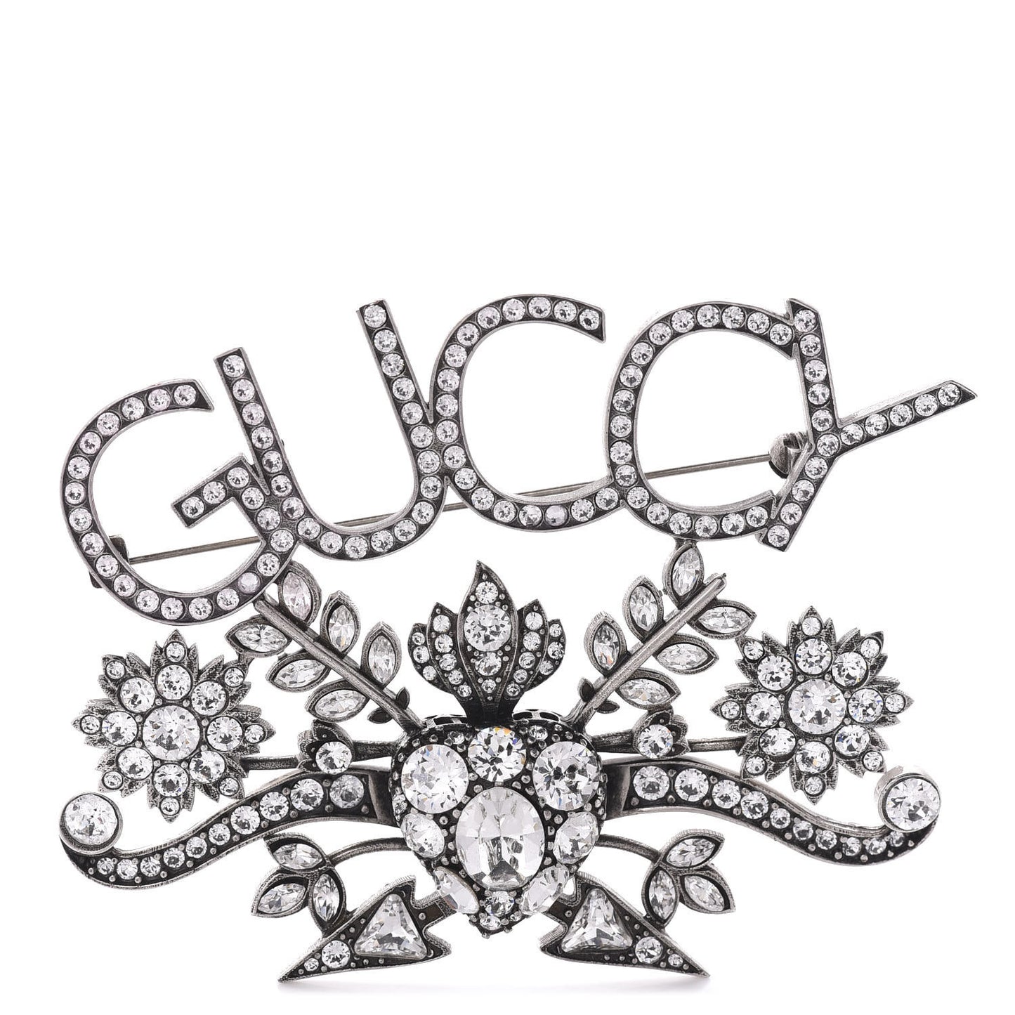 Metal Crystal Guccy Brooch Aged Silver