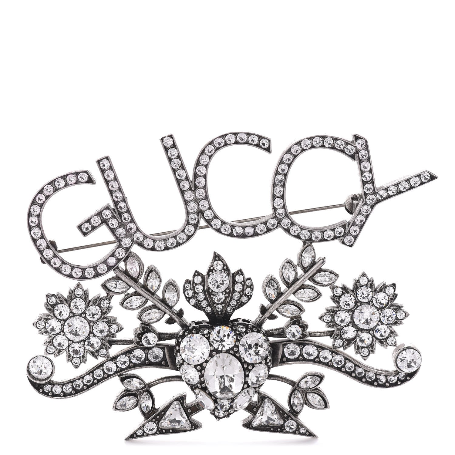Gucci Metal Crystal Guccy Brooch Aged Silver 1 of 5