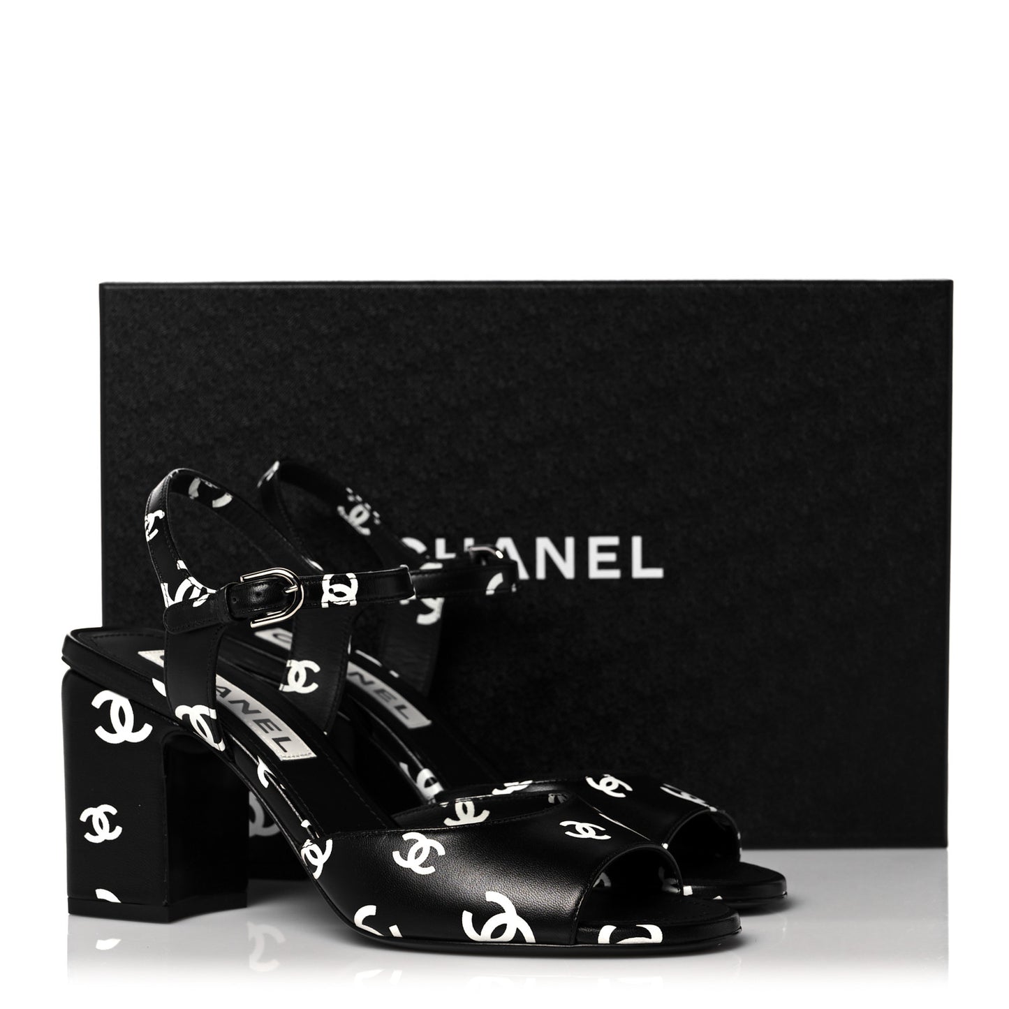 Lambskin Printed CC Sandals 38 Black White