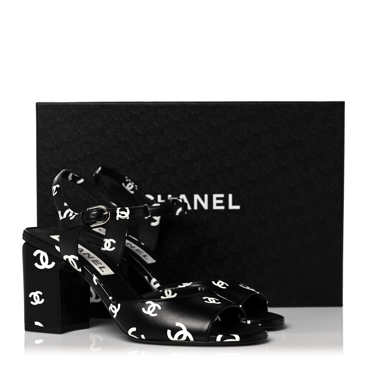 Chanel Lambskin Printed CC Sandals 38 Black White 9 of 9