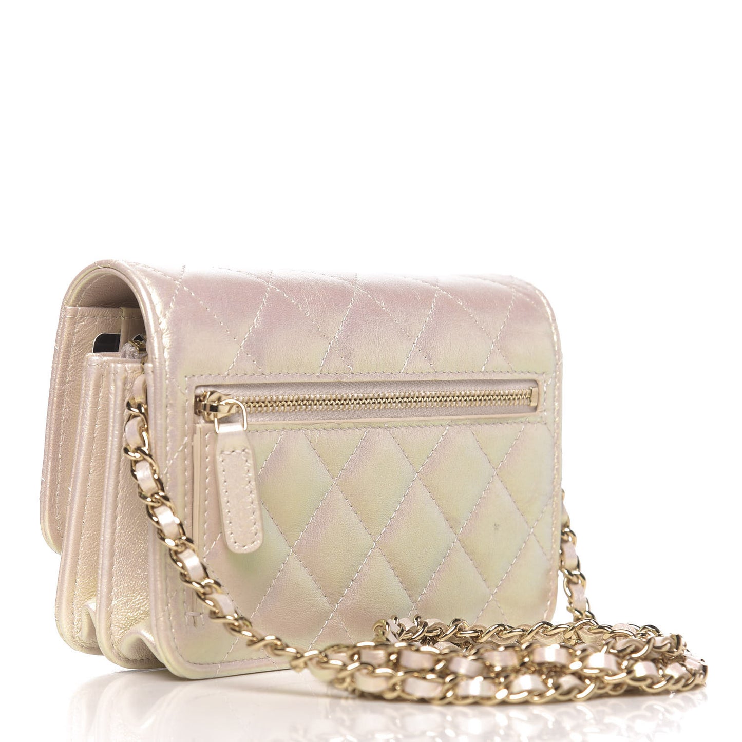 Iridescent Lambskin Quilted Mini Wallet On Chain WOC Ivory