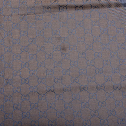 Gucci Wool Silk Monogram GGWeb Fringe Shawl Taupe Sky Blue 2 of 4