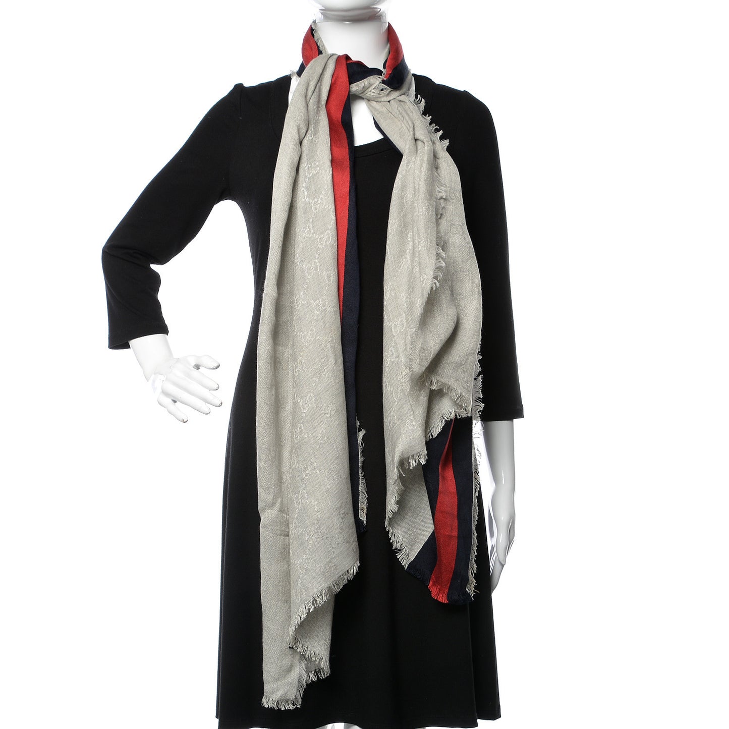 Silk Cotton GG Monogram Web Fringe Scarf Grey