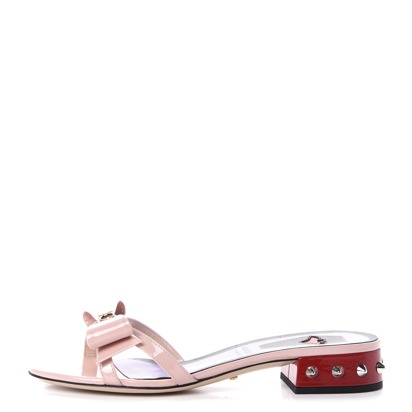 Patent GG Bow Sadie Spike Low Heel Slide Sandals 36 Perfect Pink