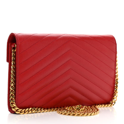 Saint Laurent Grain De Poudre Matelasse Chevron Monogram Chain Wallet Red 3 of 13