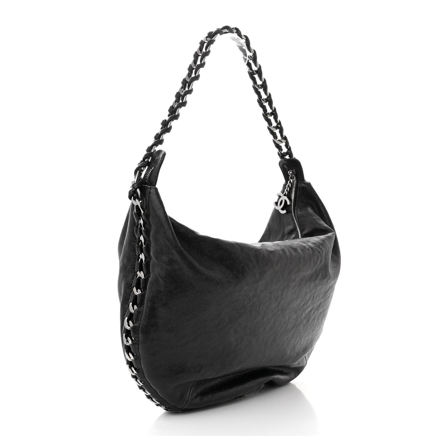 Glazed Caviar Modern Chain Hobo Black