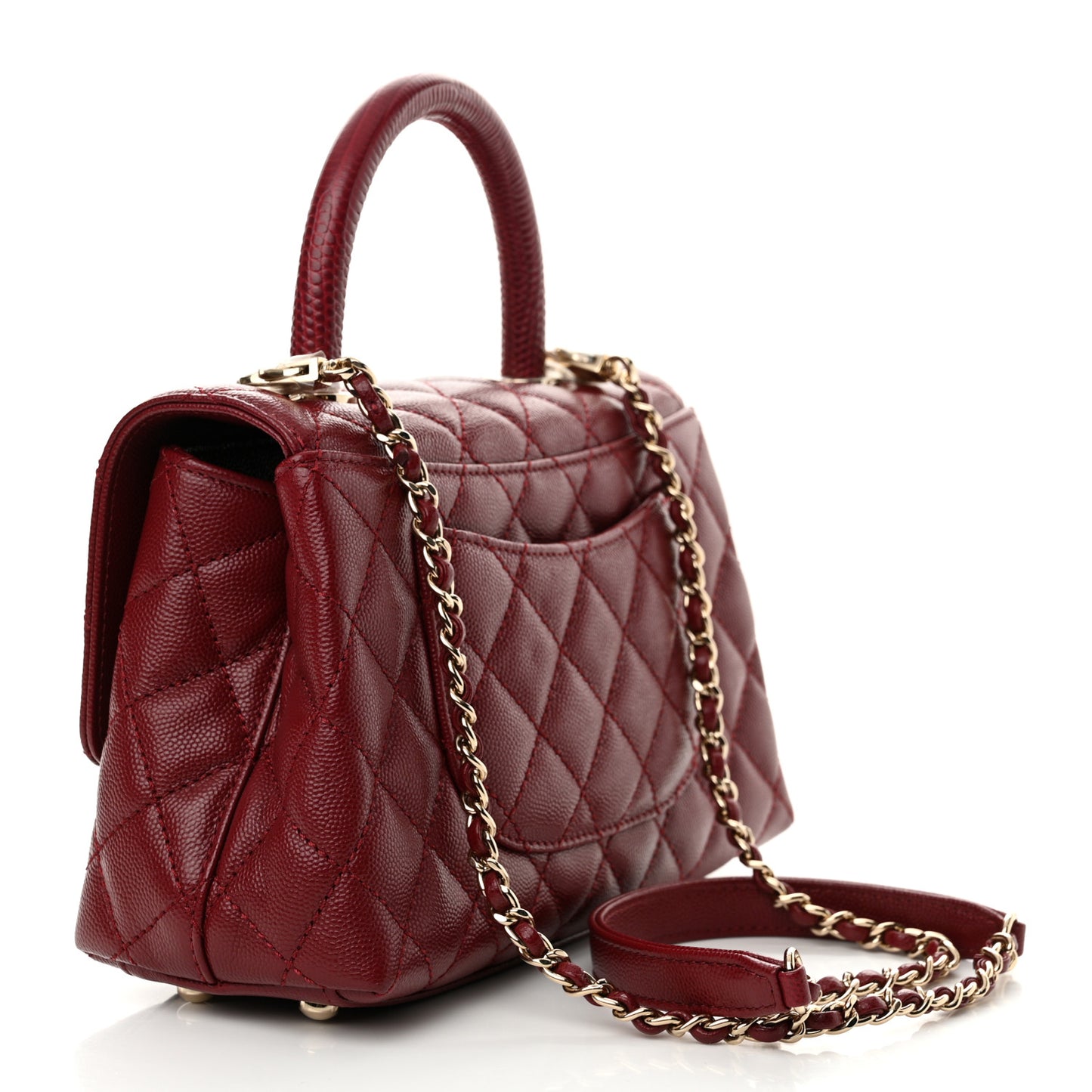 Caviar Lizard Embossed Quilted Mini Coco Handle Flap Burgundy