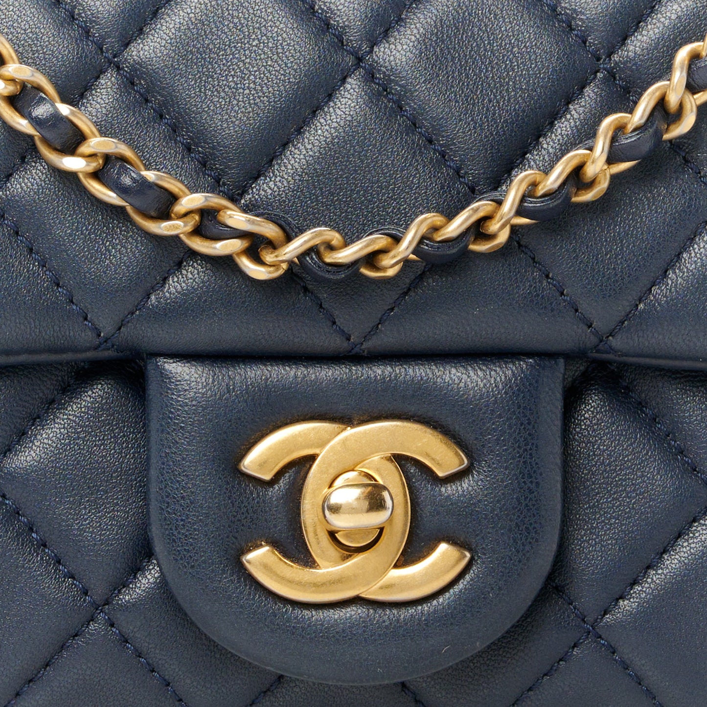 Lambskin Quilted Mini Pearl Crush Rectangular Flap Navy Blue