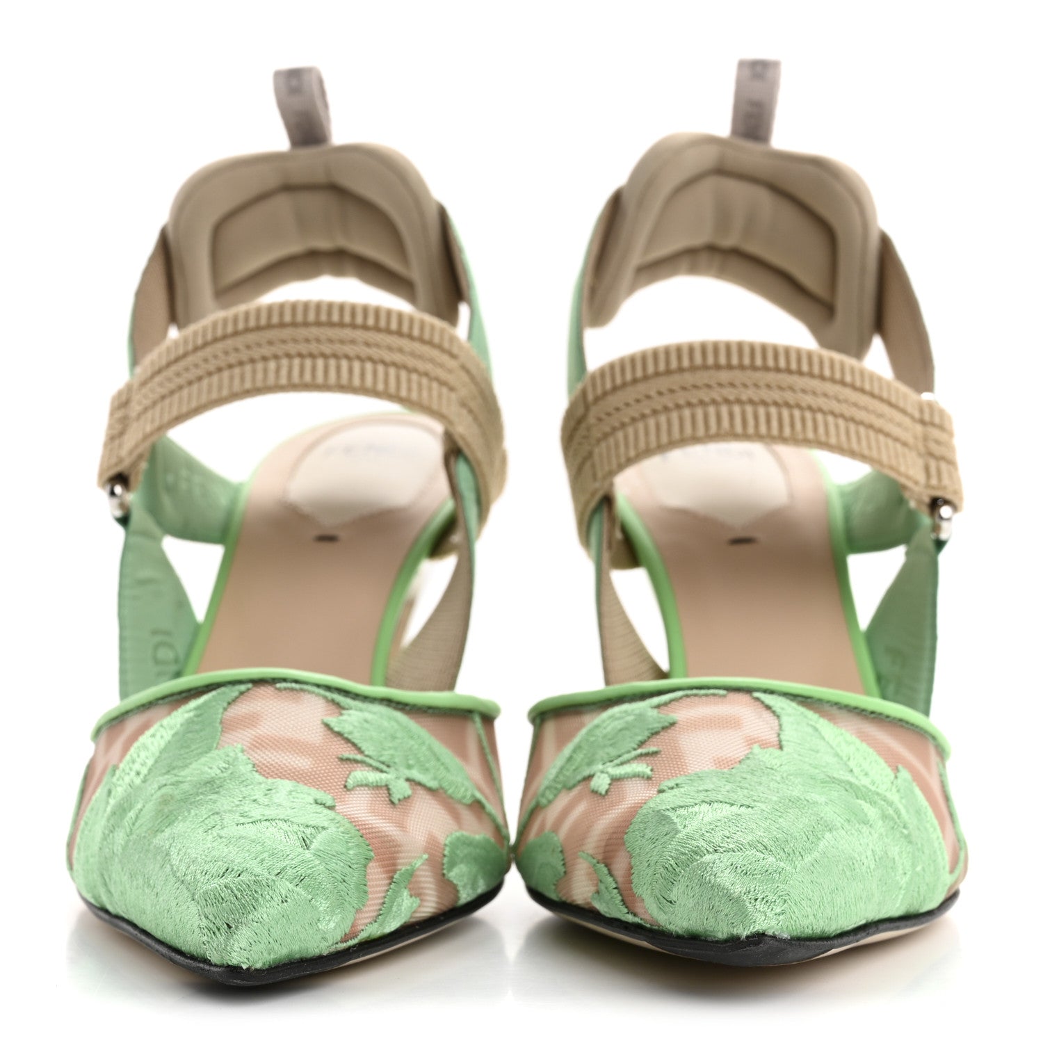Fendi Mesh Vitello Floral Embroidered Colibri Lite 85mm Slingback Pumps 37 Edamame 3 of 10