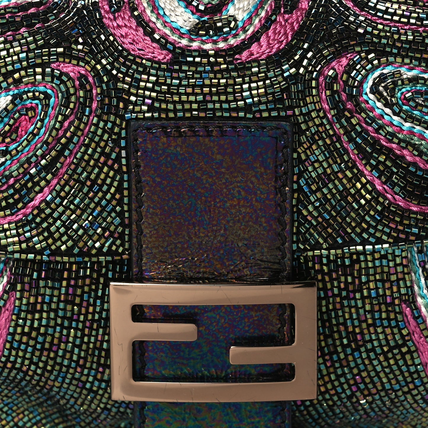 Metallic Calfskin Peacock Beaded Baguette Multicolor