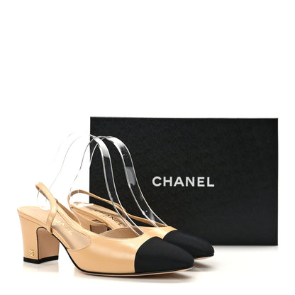 Chanel Goatskin Grosgrain Cap Toe CC Slingback Pumps 38 Beige Black 8 of 8