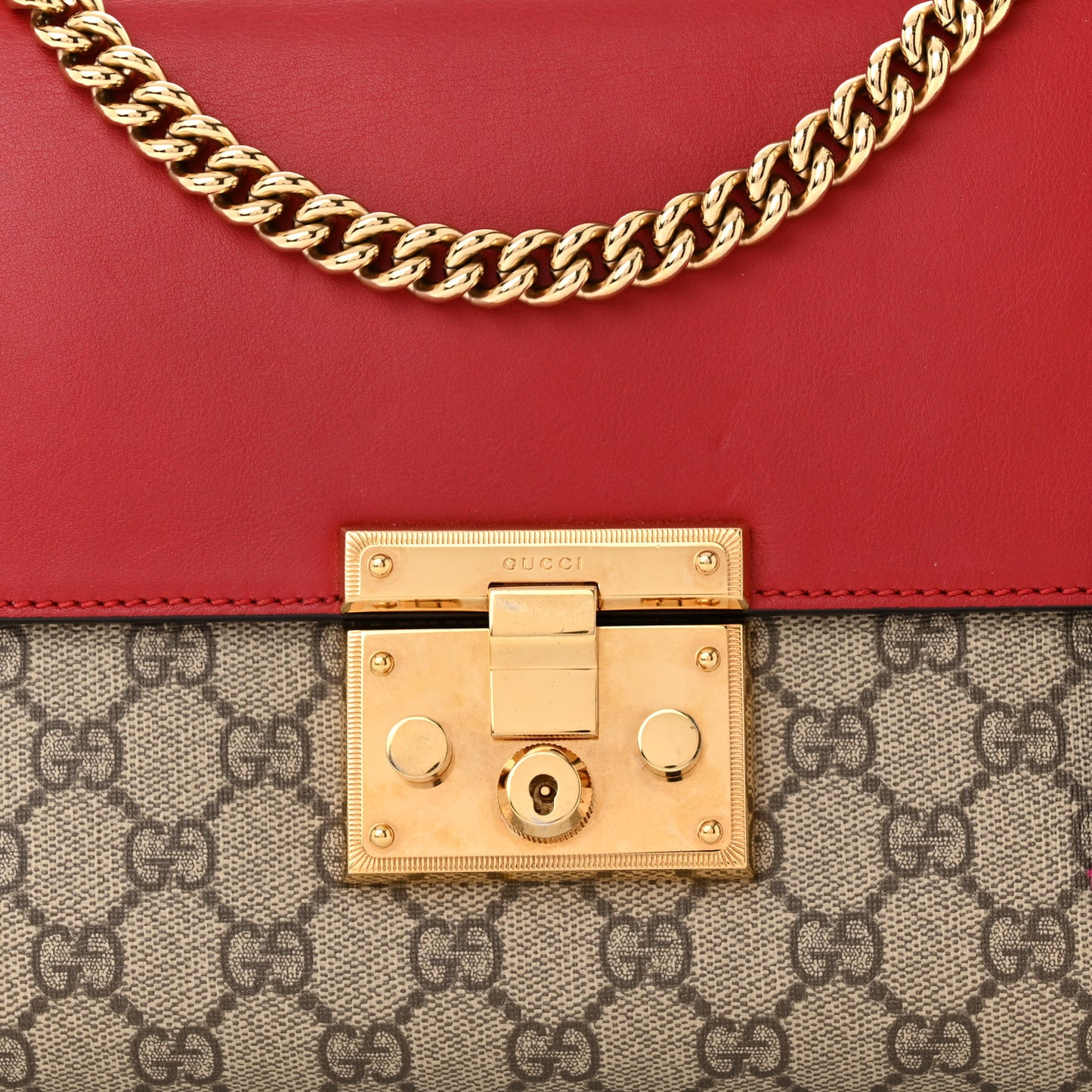 GG Supreme Monogram Calfskin Medium Padlock Shoulder Bag Beige Hibiscus Red New Rosette