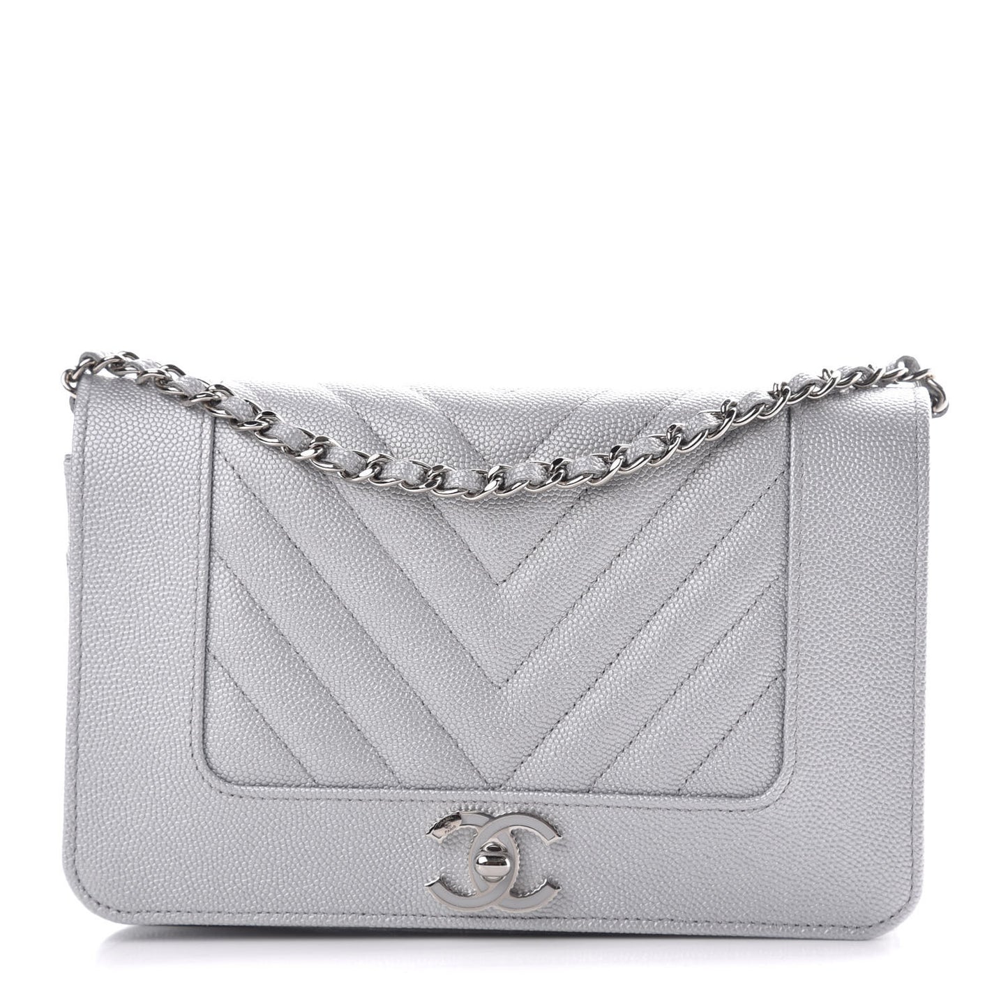 Metallic Caviar Chevron Quilted Vintage Mademoiselle Wallet On Chain WOC Silver
