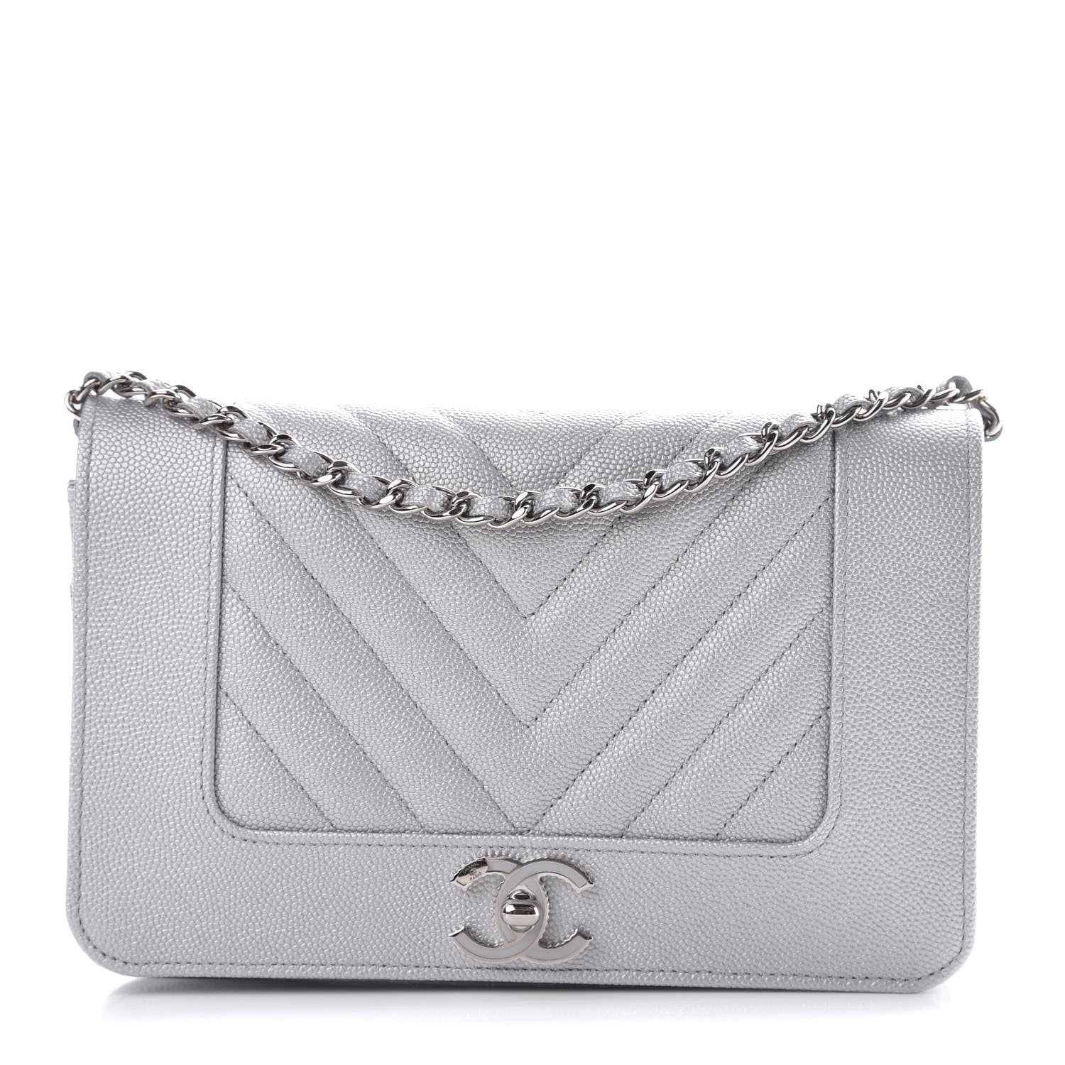 Chanel Metallic Caviar Chevron Quilted Vintage Mademoiselle Wallet On Chain WOC Silver 1 of 12