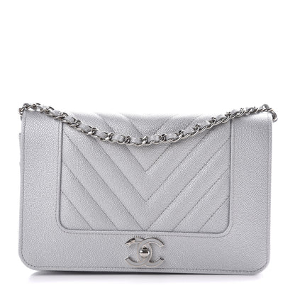 Chanel Metallic Caviar Chevron Quilted Vintage Mademoiselle Wallet On Chain WOC Silver 1 of 12