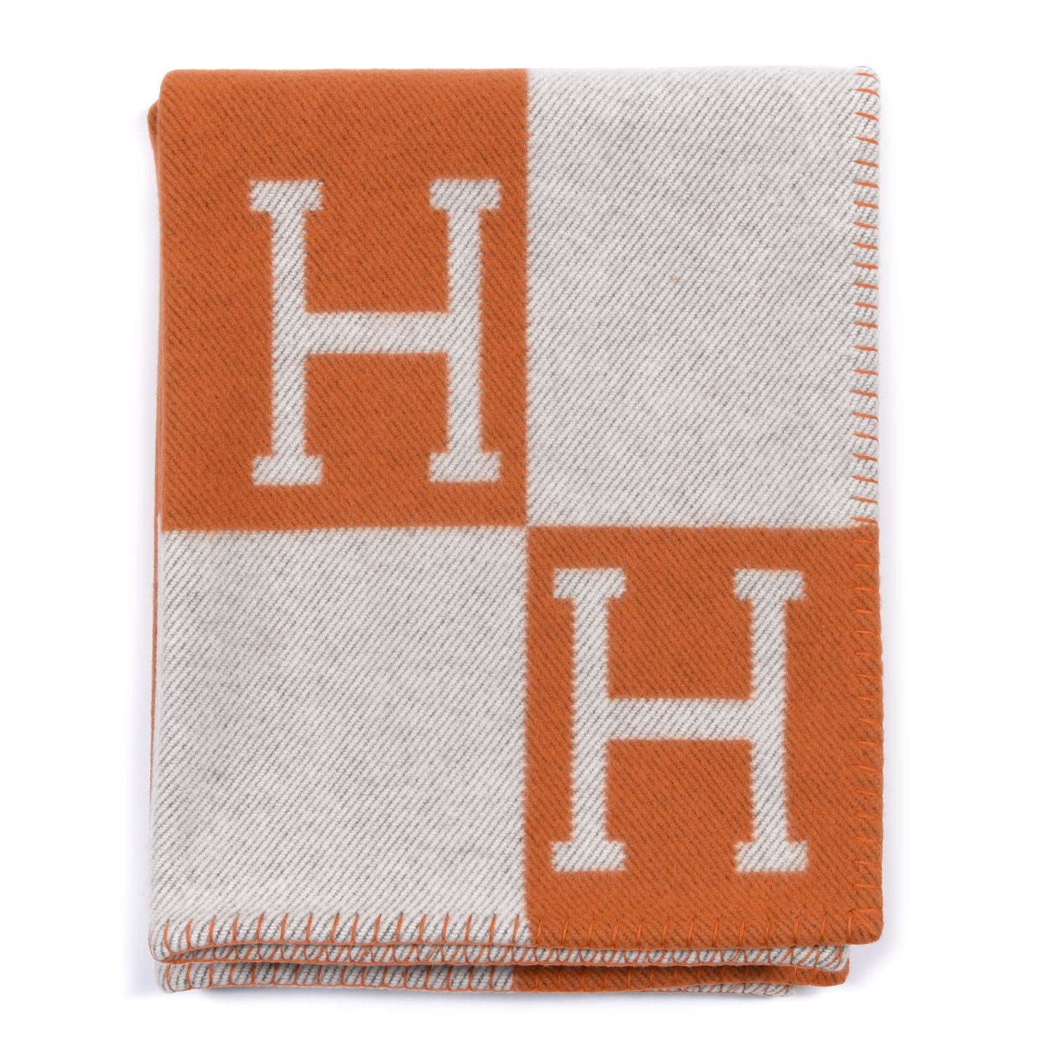 Hermes Wool Cashmere Signature Classic Avalon Blanket Ecru Potiron 1 of 3