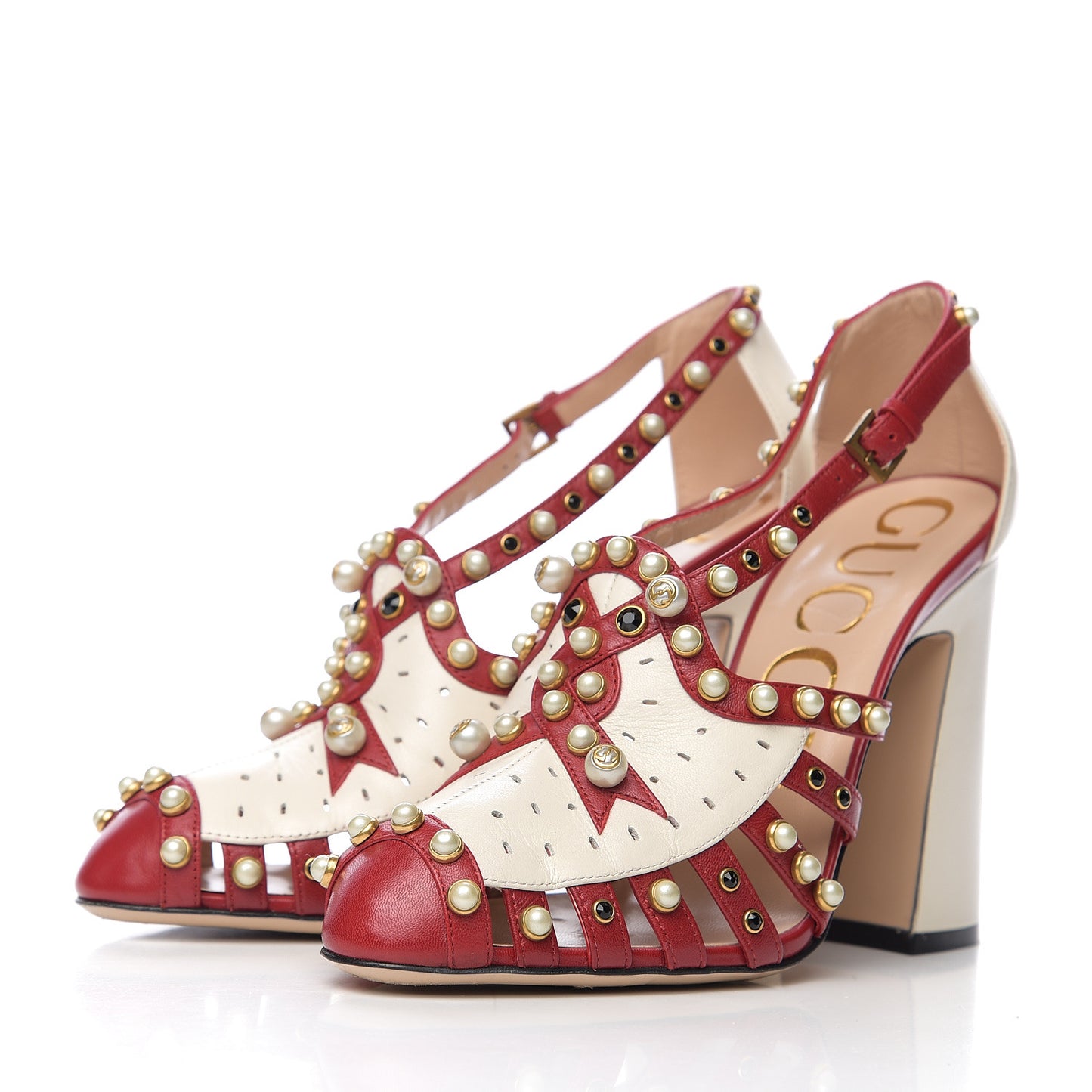 Calfskin Pearl Studded Tracey Pumps 39 Red White