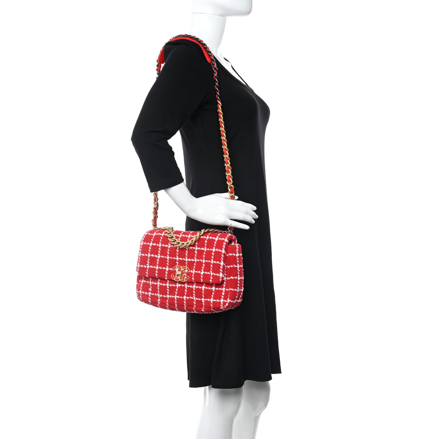 Tweed Quilted Medium Chanel 19 Flap Red White