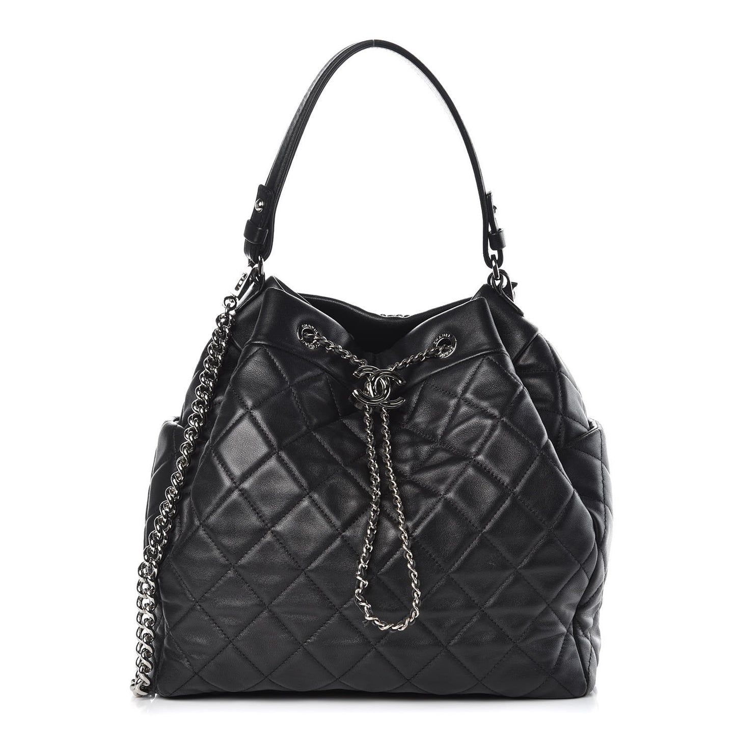 Lambskin Quilted CC Chain Bucket Bag Black
