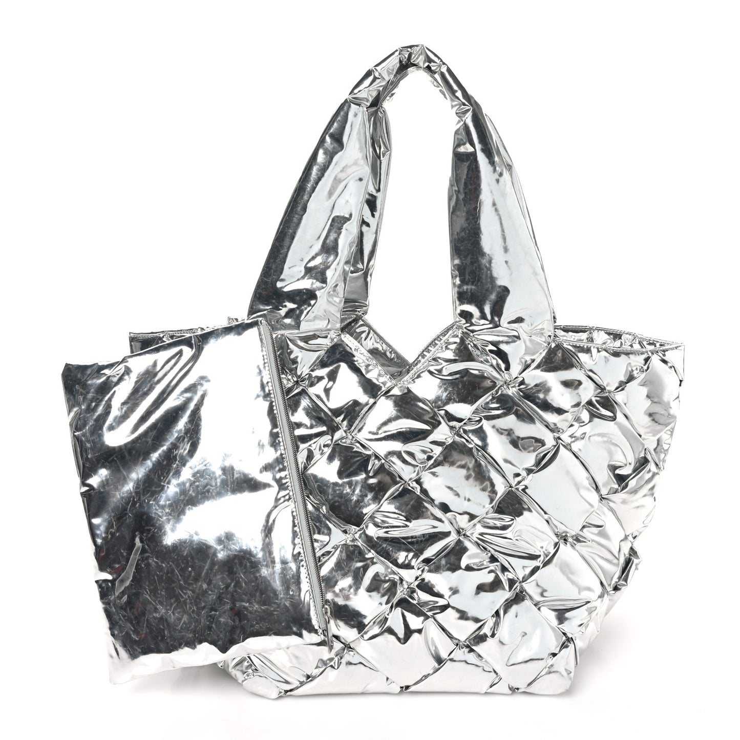 Metallic Calfskin Maxi Intrecciato Padded Cassette Tote Silver