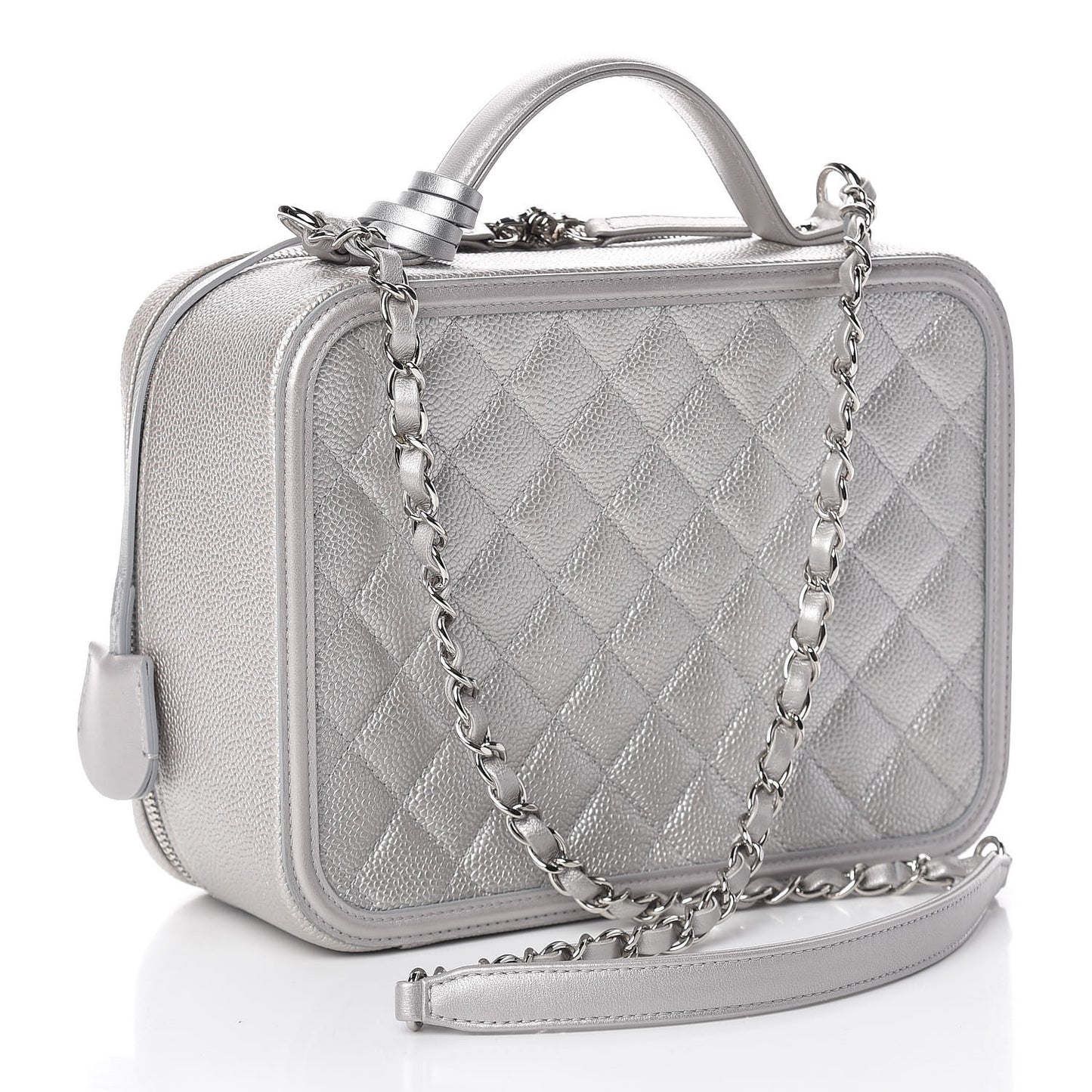 Metallic Caviar Quilted Large CC Filigree Vanity Case Silver
