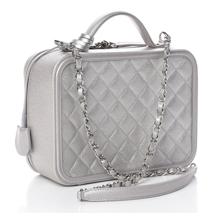 Chanel Metallic Caviar Quilted Large CC Filigree Vanity Case Silver 3 of 10