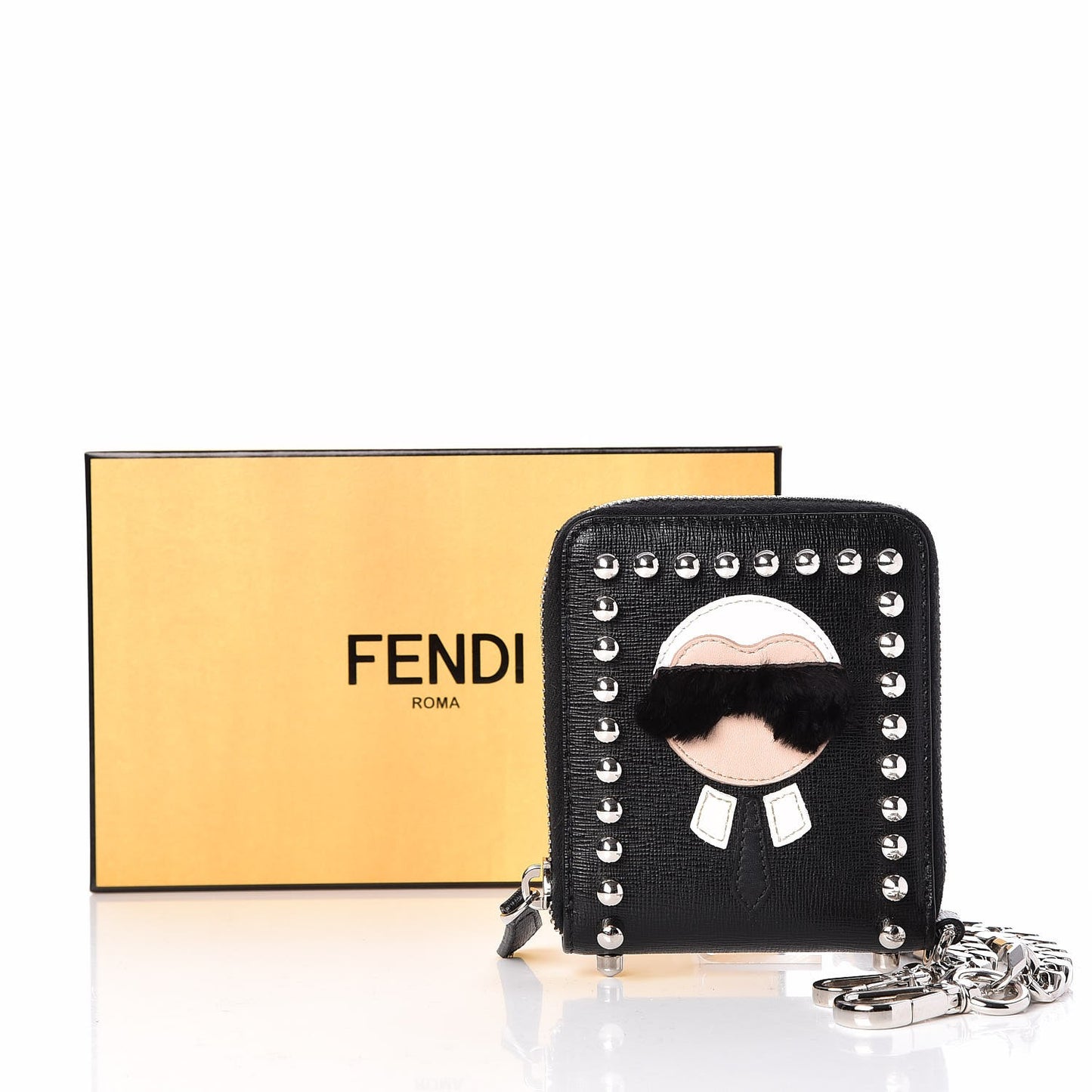 Vitello Elite Flamingo Mink Karlito Studded Zip Around Chain Wallet Black White Plaster