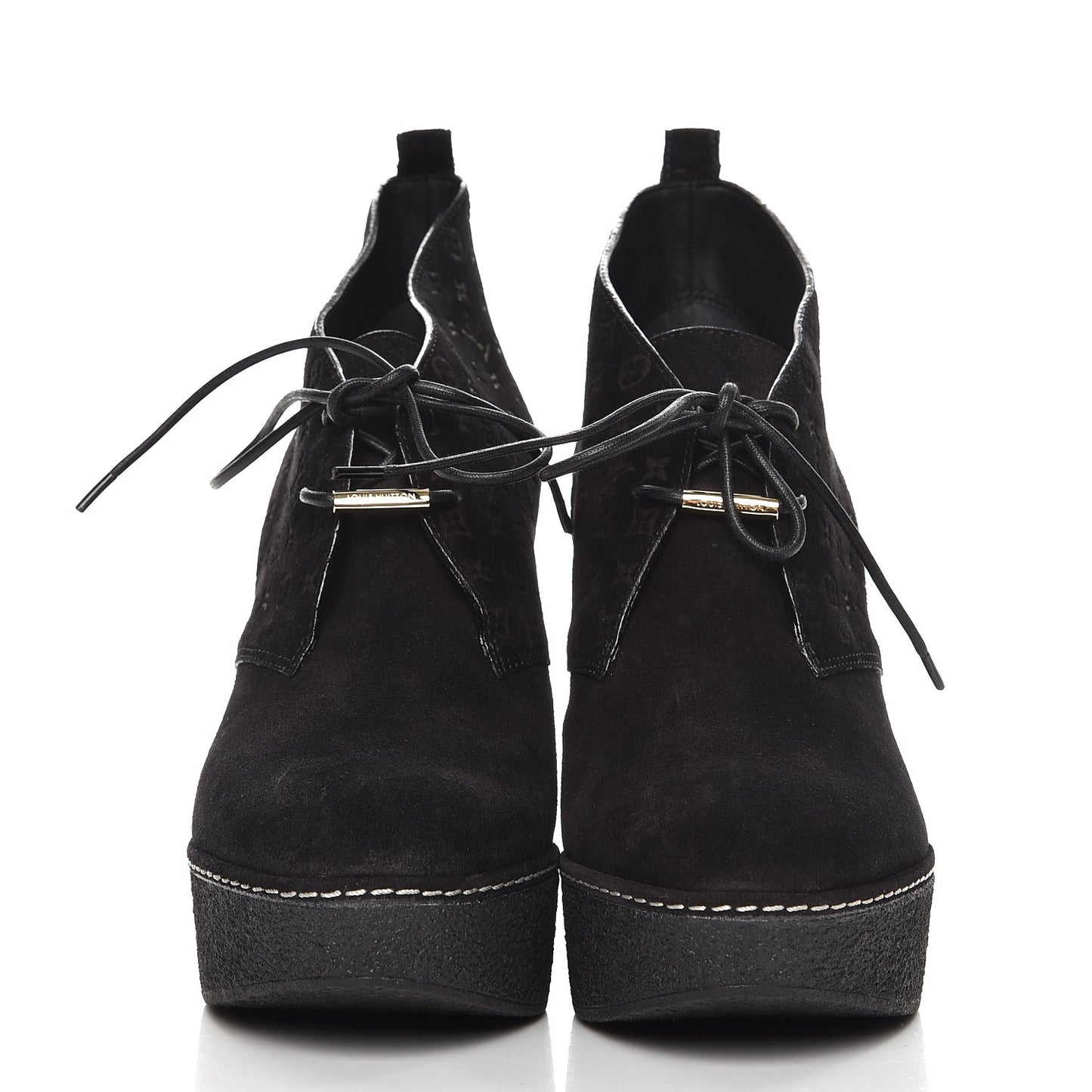 Suede Embossed Monogram Frosty Wedge Low Boots 39 Black