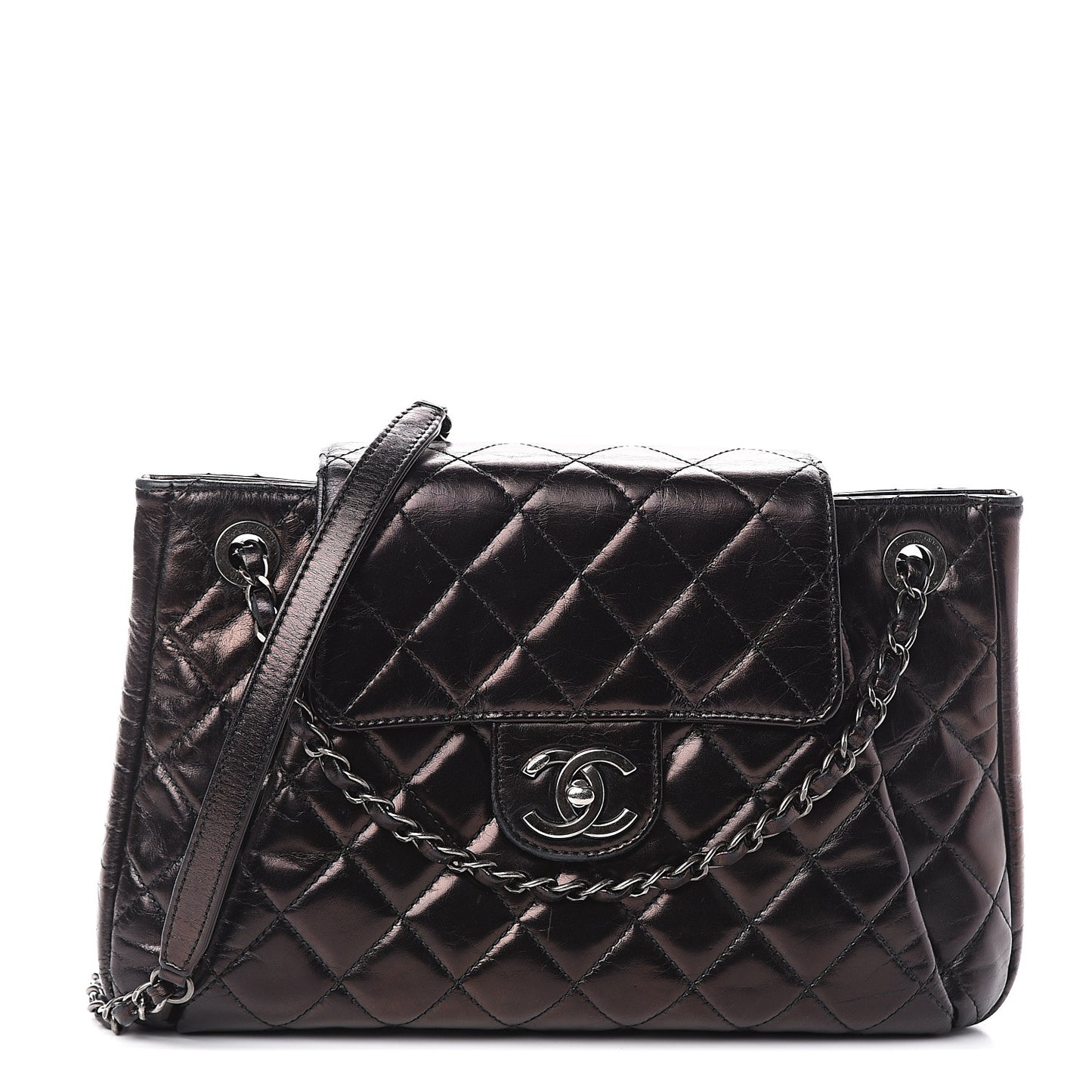 Glazed Calfskin Quilted Accordion Flap Black