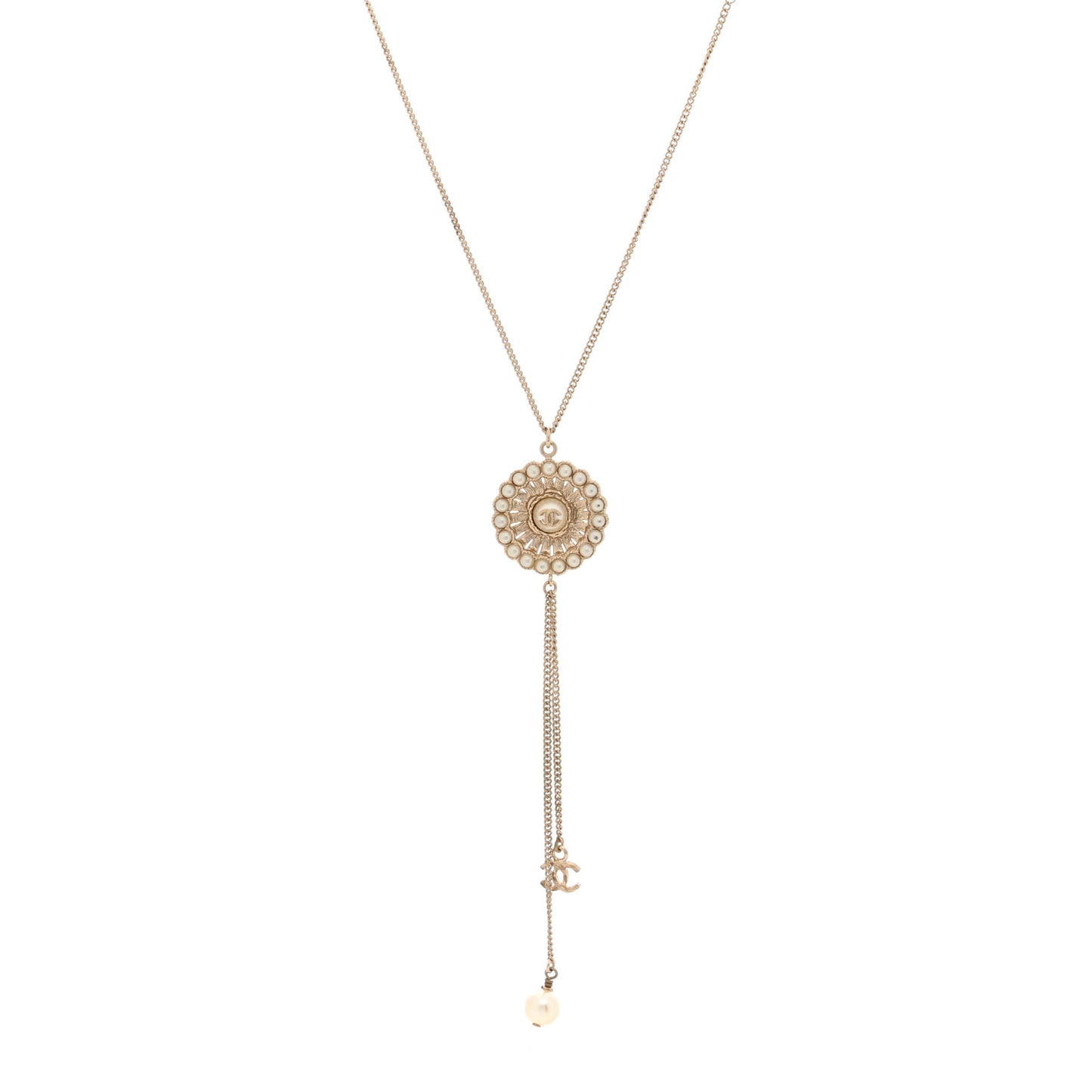Pearl Crystal CC Pendant Necklace Gold