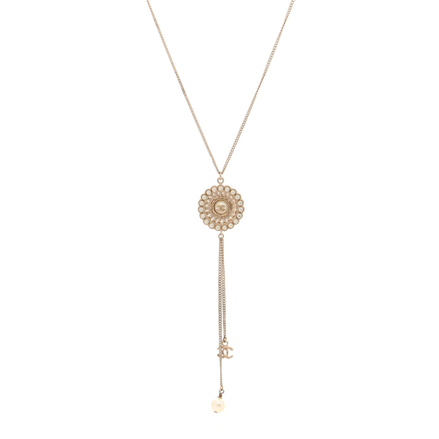 Chanel Pearl Crystal CC Pendant Necklace Gold 1 of 5