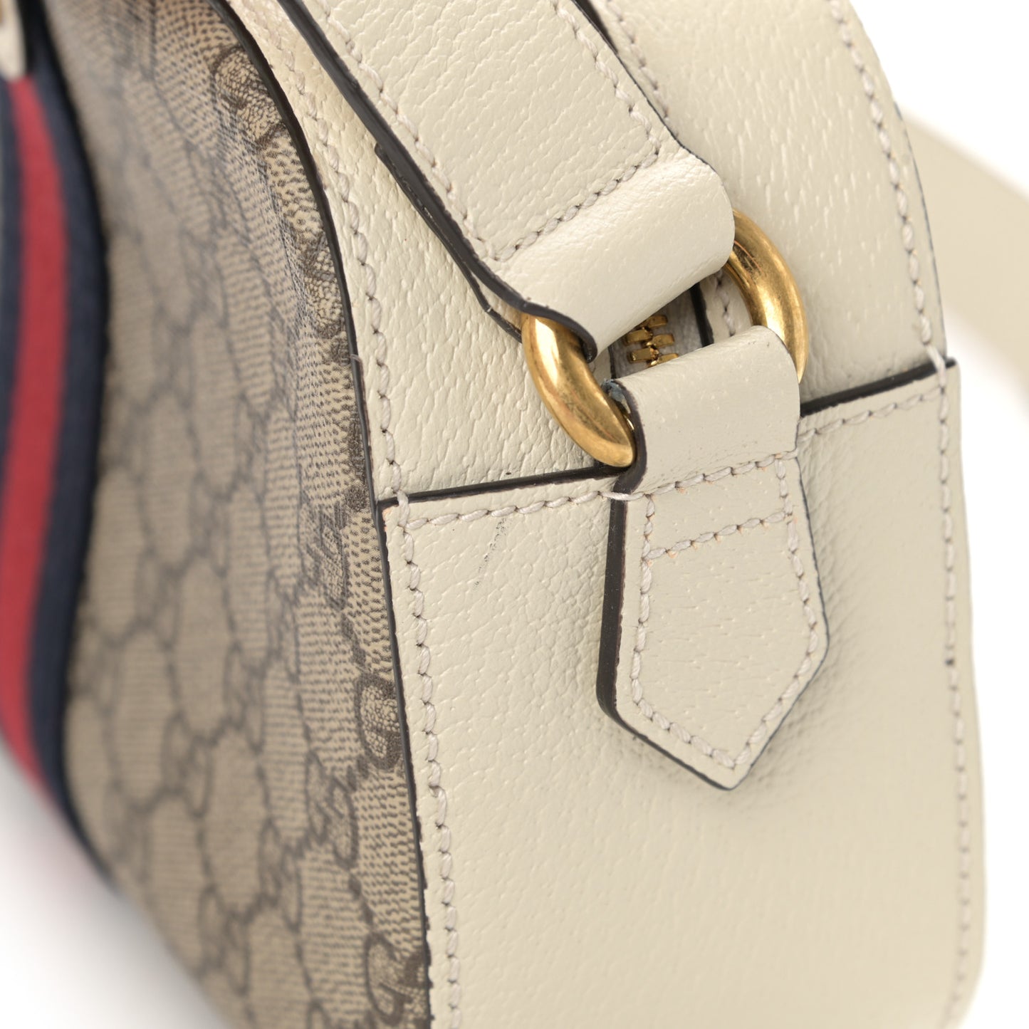 GG Supreme Monogram Textured Calfskin Web Small Ophidia Camera Bag Beige Ebony Mystic White