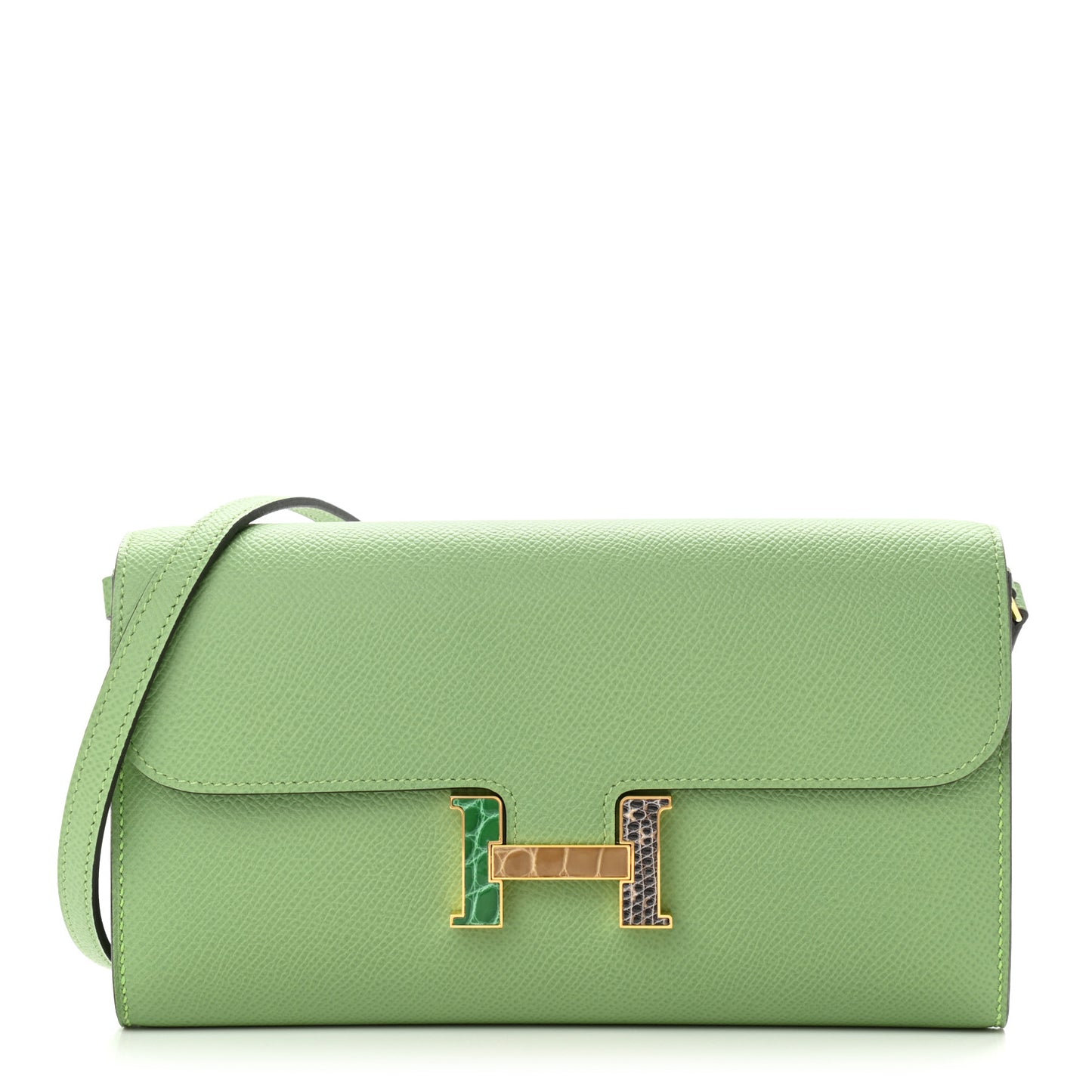 Epsom Alligator Lizard Constance Wallet To Go Vert Criquet Cactus Beige Sable Ombre
