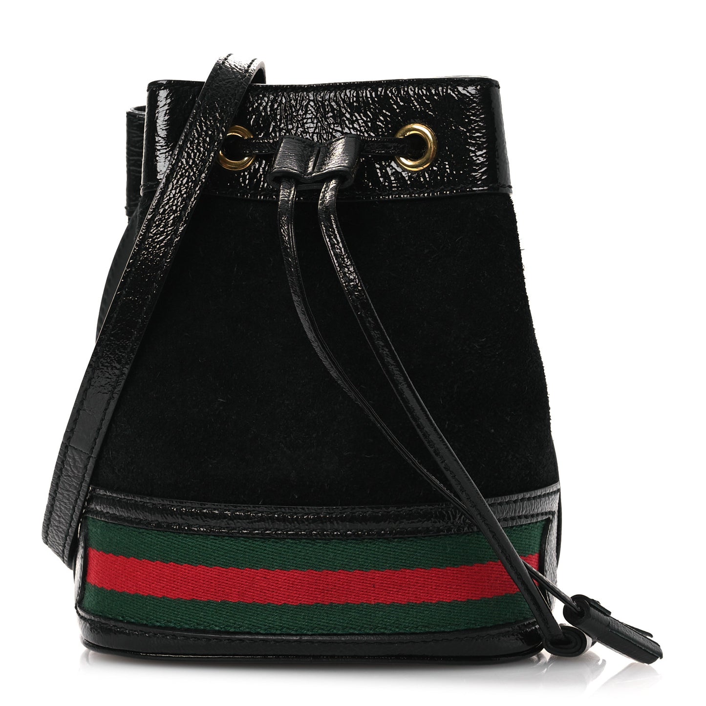 Suede Patent Web Mini Ophidia Bucket Bag Black