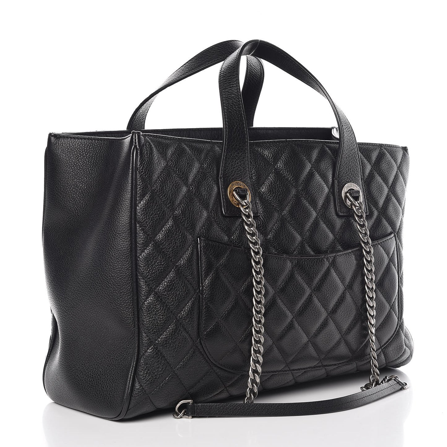 Metallic Grained Calfskin Quilted Large Casual Pocket Tote Black
