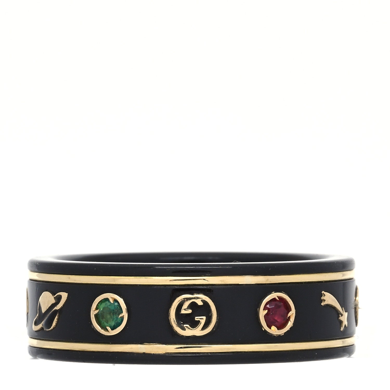 Gucci 18K Yellow Gold Ceramic Topaz Icon Band Ring 59 8.75 Black 1 of 7