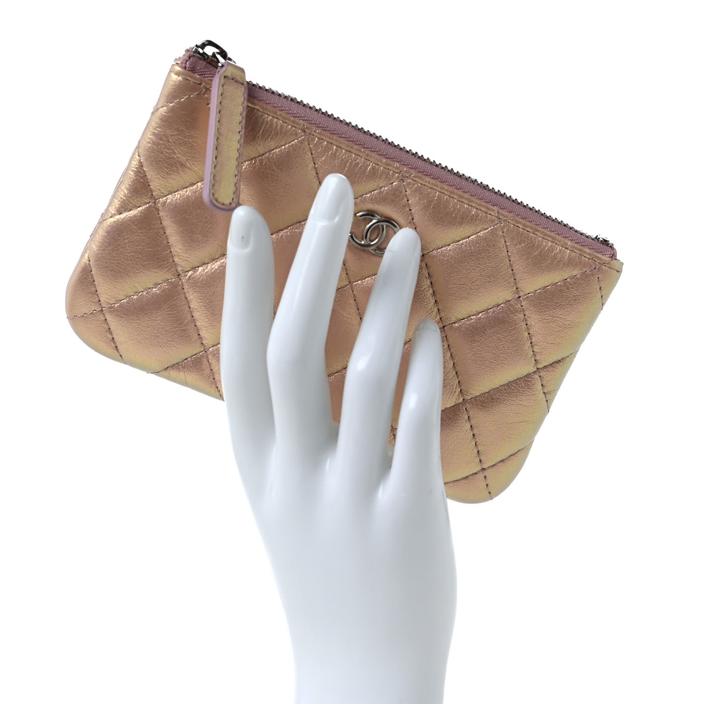 Iridescent Calfskin Quilted Small Cosmetic Case Pink