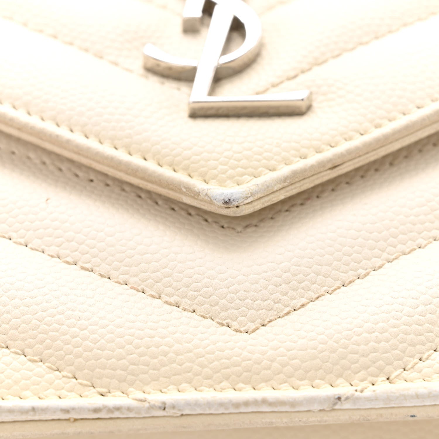 Saint Laurent Grain De Poudre Matelasse Chevron Monogram Envelope Chain Wallet White 11 of 21