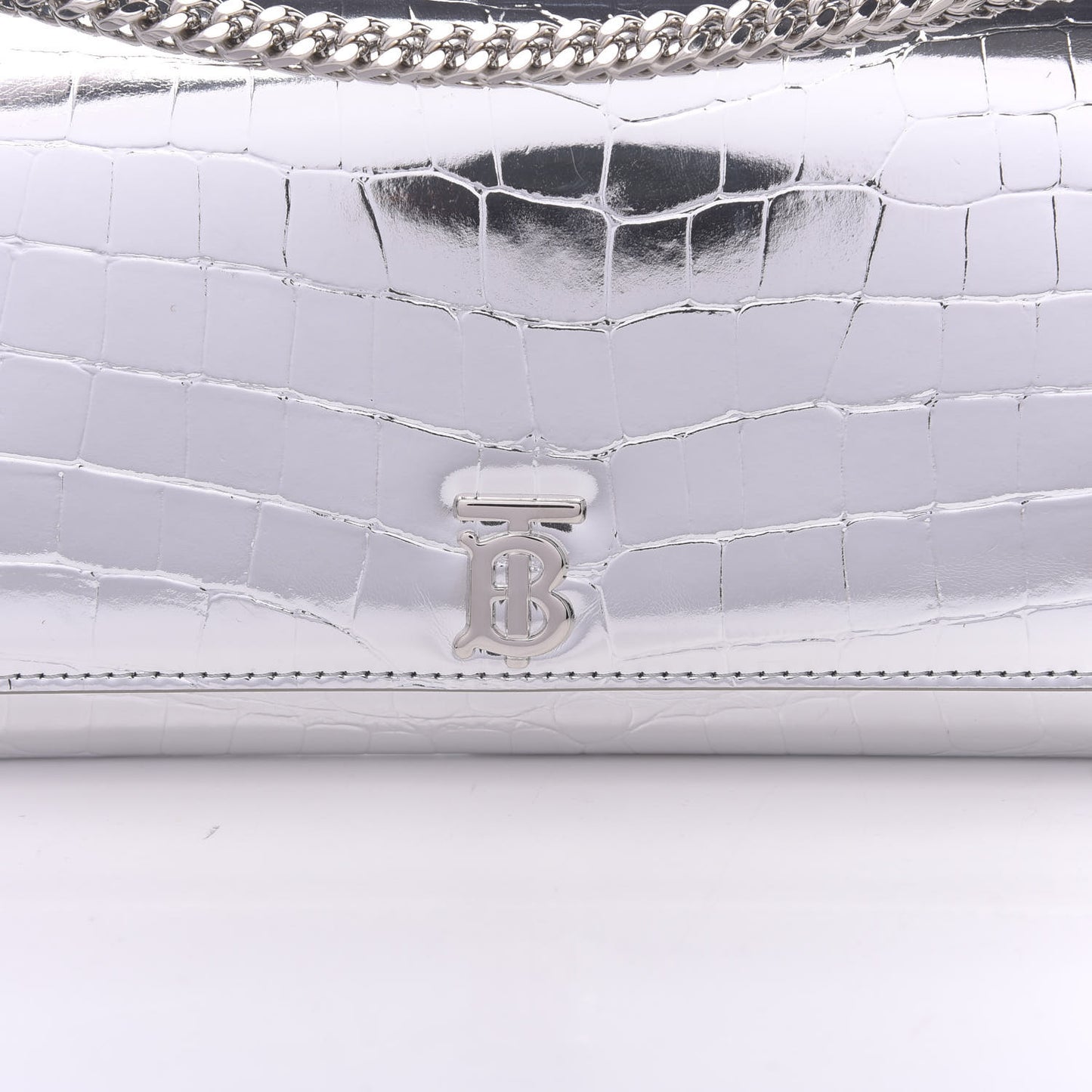 Metallic Calfskin Crocodile Embossed Hannah Wallet On Chain Silver