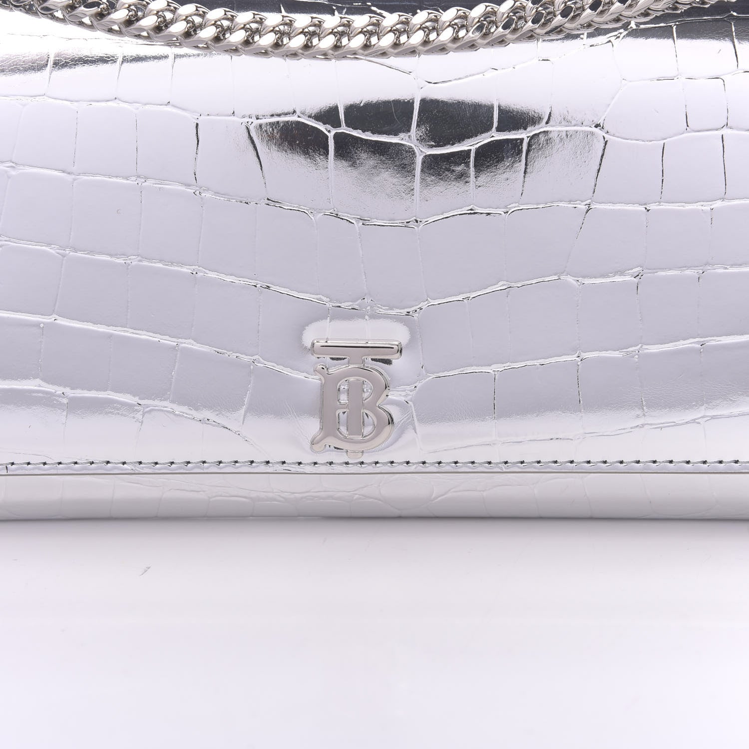 Burberry Metallic Calfskin Crocodile Embossed Hannah Wallet On Chain Silver 11 of 11
