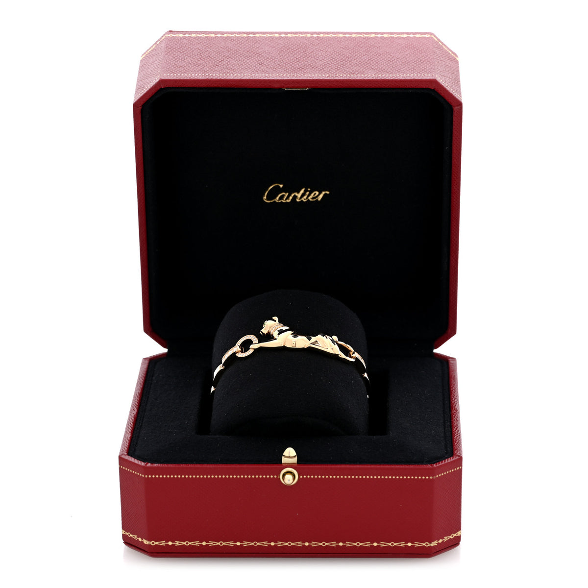 18K Yellow Gold Diamond Tsavorite Black Lacquer .26ctw Panthere De Cartier Chain Bracelet